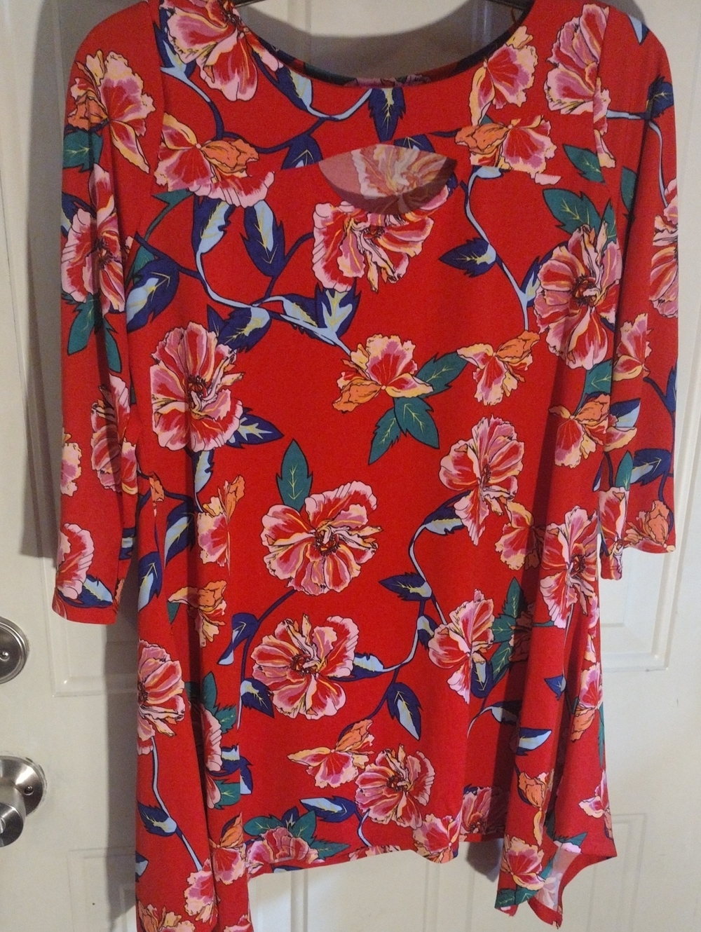 Sunny Leigh Red Floral Cutout Neck Top